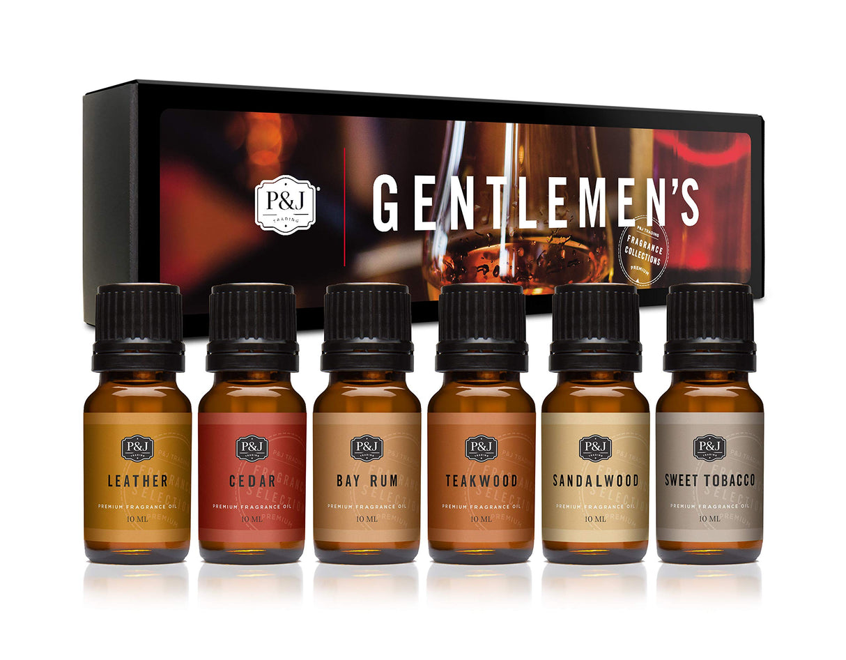 P&J Fragrance Oil Gentlemen's Set | Leather, Sweet Tobacco, Teakwood, Bay Rum, Cedar, Sandalwood Candle Scents for Candle Making, Freshie Scents, P&J Trading