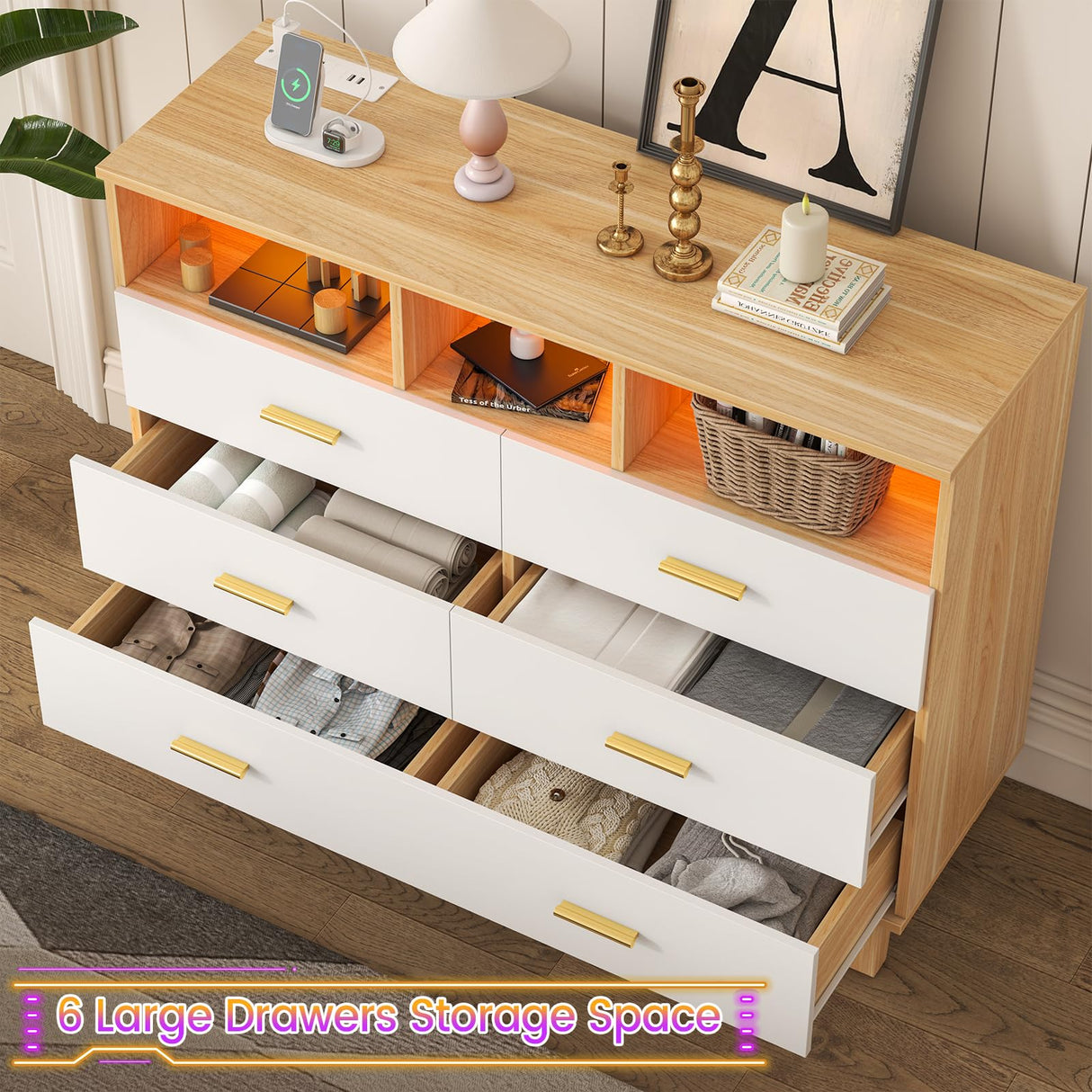 knoworld Dresser for Bedroom,White 6 Drawer Dresser with LED Light and Power Outlet,Tall Wide Dressers Chests of Drawers,Organizer Storage Drawers knoworld