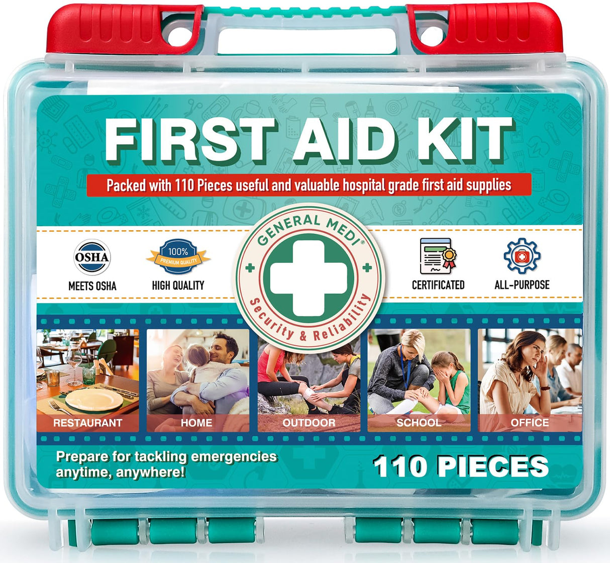 General Medi 110 Pieces Small First Aid Kit - HardCase First Aid Box - Contains Premium Medical Supplies for Travel, Home, Office, Vehicle, Camping, General Medi