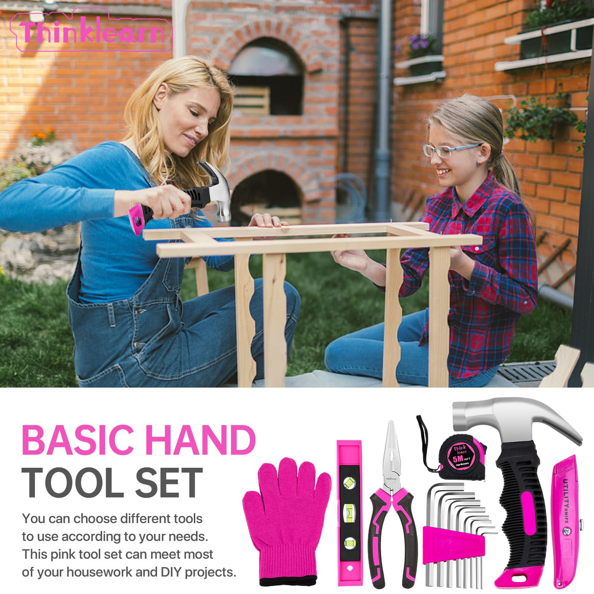 64PCS Pink Tool Set with Cordless Drill, 8V Power Drill and Pink Tool Kit for Women, 3/8"Keyless Chuck Electric Screwdriver Driver Kit for Home DIY ThinkLearn