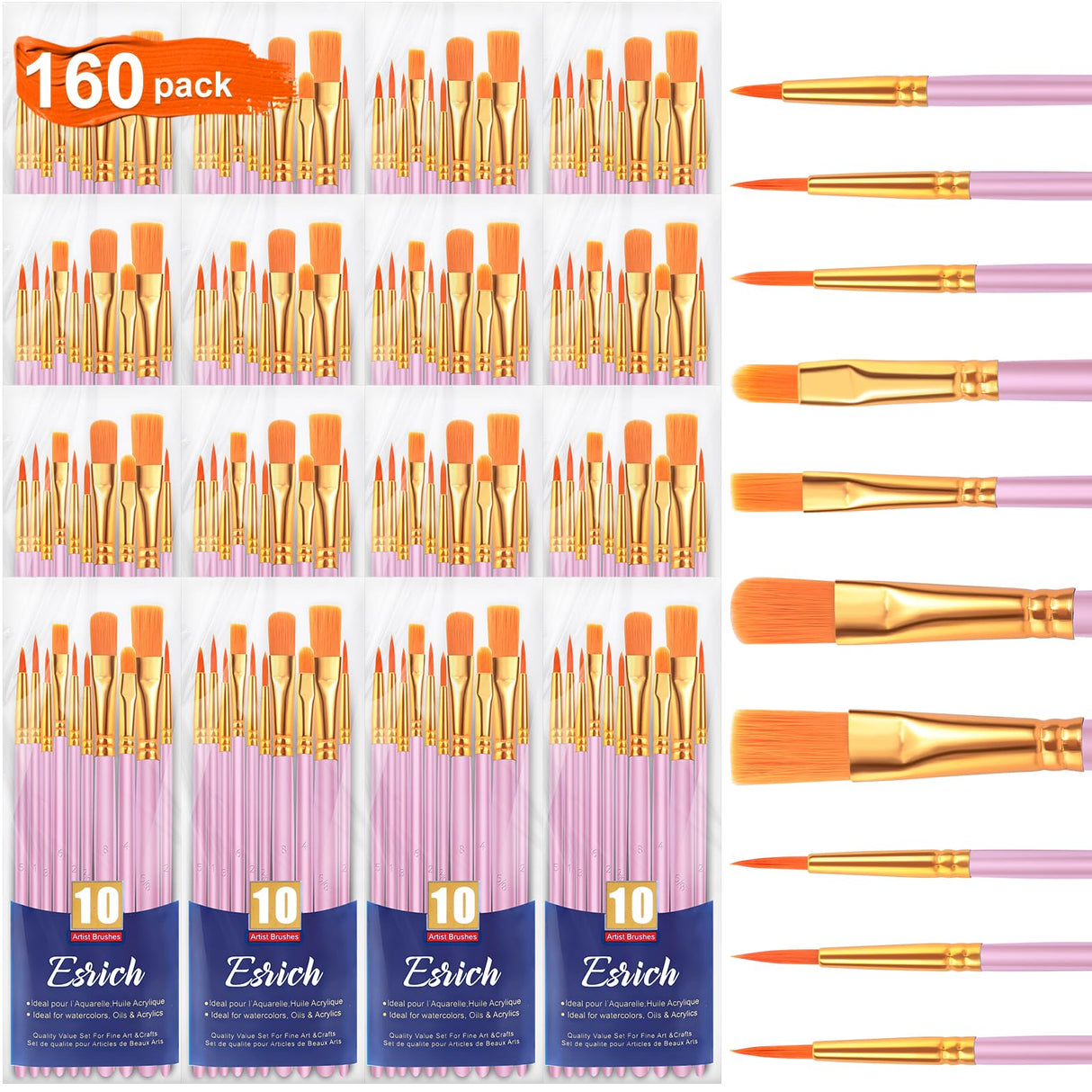 ESRICH Acrylic Paint Brushes Set, 16 Packs/160 Pcs, Pink, Suitable for Acrylic, Oil, Watercolor,Rock Body Face Nail Art,Perfect Suit of Art Painting, ESRICH