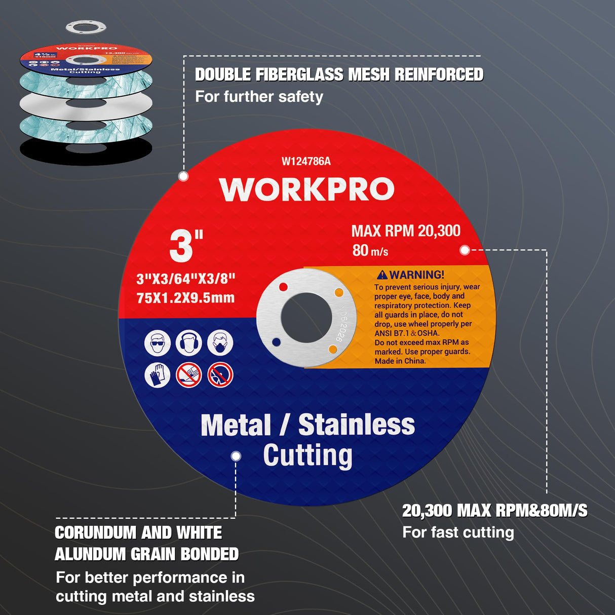 WORKPRO 20-Pack Cut-Off Wheels, 3 X 3/8-inch Metal&Stainless Steel Cutting Wheel, Thin Metal Cutting Disc for Angle Grinder WORKPRO