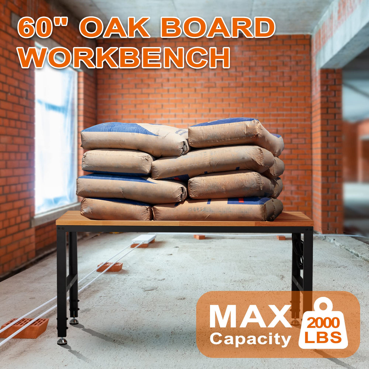 Haddockway Adjustable Workbench for Garage, 60" x 22" Rubber Wood Top Work Bench with Power Outlets, Max 2000 Lbs Load Capacity Heavy Duty Haddockway