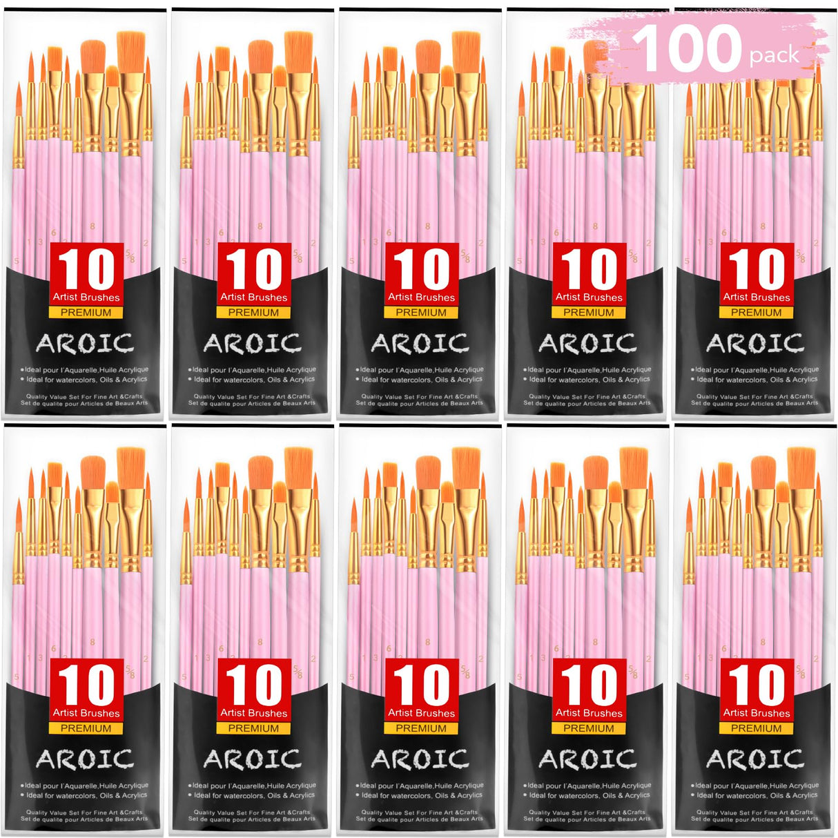 AROIC Painting Brushes Set, 10 Packs /100 Pieces, Nylon Brush Head, Suitable for Oil and Watercolor, Perfect Suit of Art Painting, Best Gift for AROIC