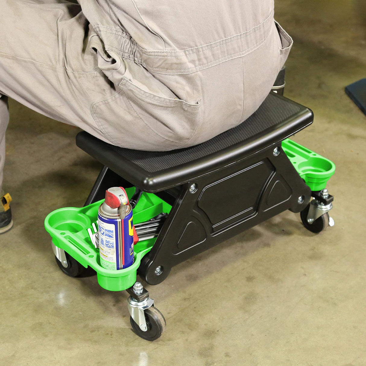 OEMTOOLS 24986 Heavy-Duty Rolling Workbench and Creeper Seat, Mechanics Stool with Wheels, Creepers, Shop Stools With Wheels, Automotive, Green and OEMTOOLS