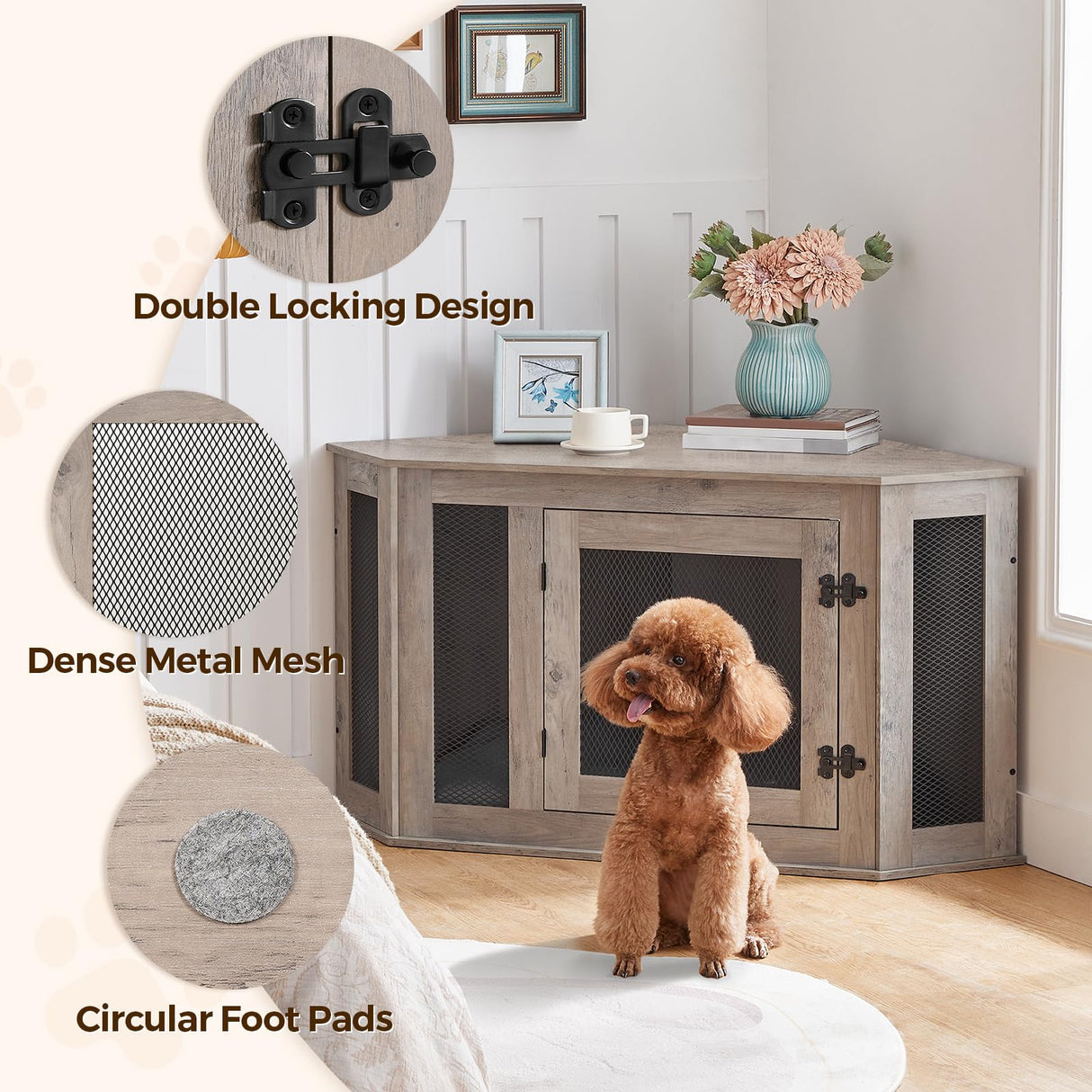 MAHANCRIS Corner Dog Crate Furniture, Wooden Dog Kennel End Table, Decorative Pet Crate Indoor Use, Furniture Style Dog House for Small Medium Dog, MAHANCRIS