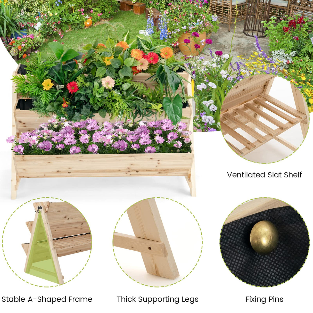 S AFSTAR 3-Tier Vertical Garden Bed, Wooden Elevated Planter Bed with Legs, Storage Shelf, 2 Hooks, Raised Bed Kit for Flower Vegetable Herb, Outdoor S AFSTAR