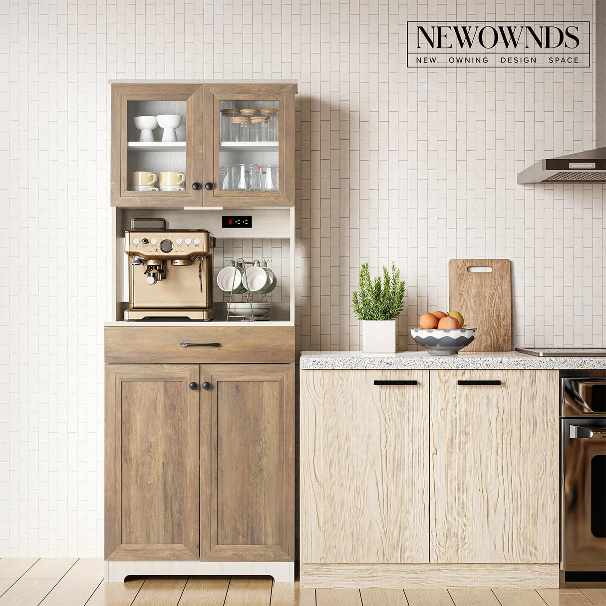 Kitchen Pantry Cabinet, Farmhouse Sideboard Buffet Cabinet with Charging Station and LED Light, Freestanding Kitchen Hutch Storage Cabinet with NEWOWNDS