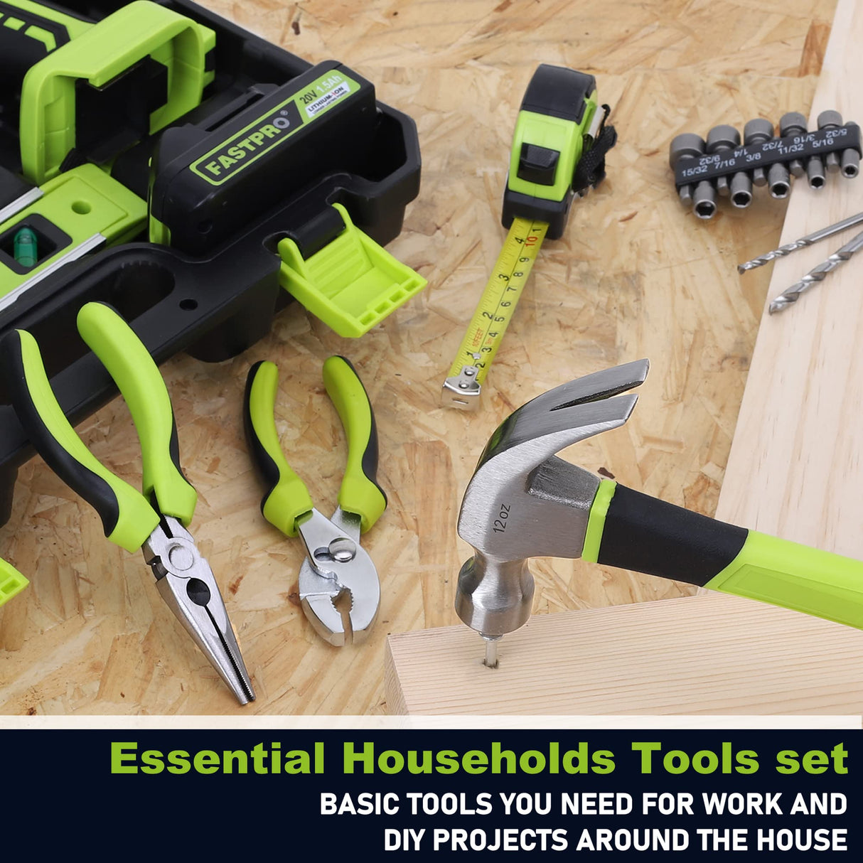 FASTPRO 177-Piece 20V Cordless Lithium-ion Drill Driver and Home Tool Set, Household Repairing Kit with in Storage Case, Green FASTPRO