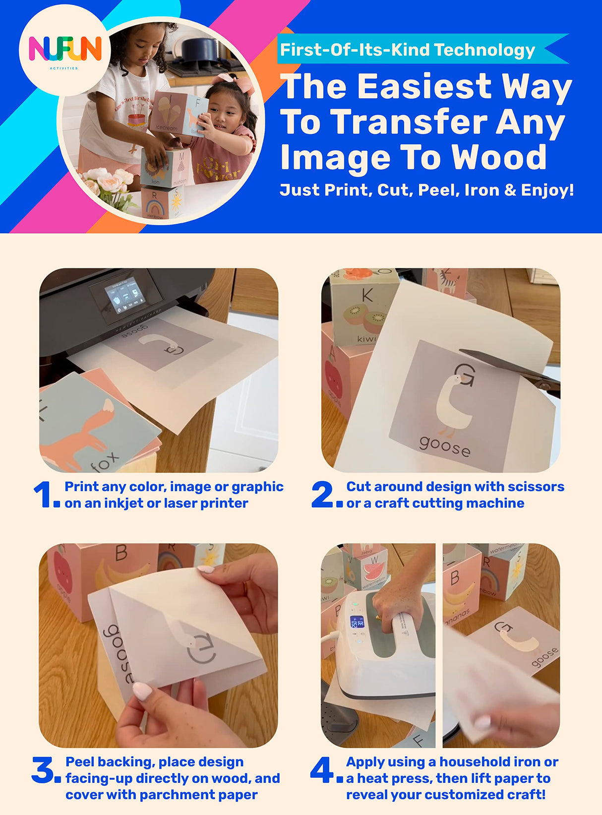 NuFun Activities Printable Iron-on Heat Transfer Paper for Wood, 5 Sheets 8.5 x 11 inch, Long Lasting, Durable, Professional Quality, Easy DIY, NuFun Activities