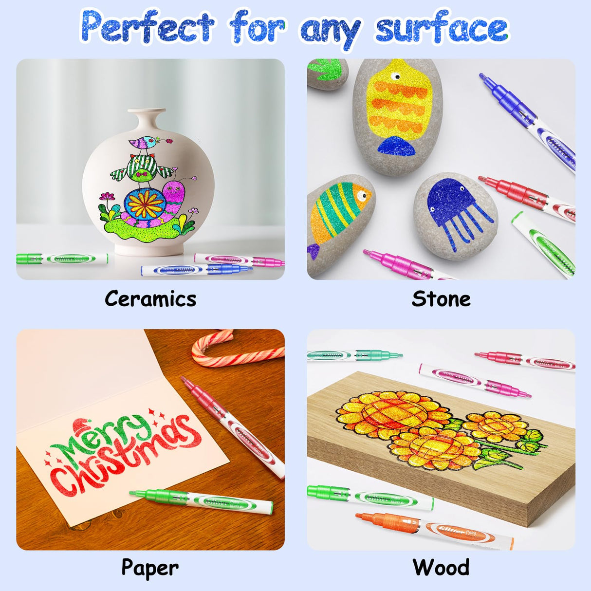 TEVILIK Glitter Markers Pen, 12 Acrylic Glitter Markers Paint Pens - Shimmer Marker, Fine Point Water-Based Pen For DIY Crafts, Birthday Cards, TEVILIK