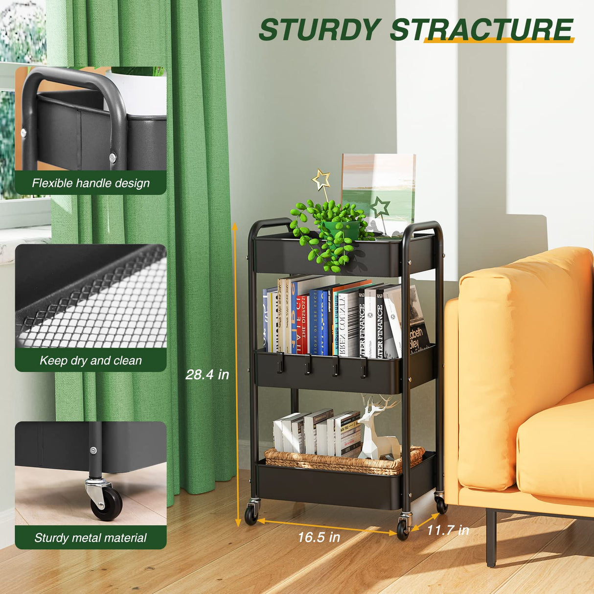 LEHOM 3 Tier Rolling Utility Cart, Metal Trolley Cart with Wheels, Hooks, Easy Assembly Organizer Storage Cart for Bathroom, Kitchen, Office, LEHOM