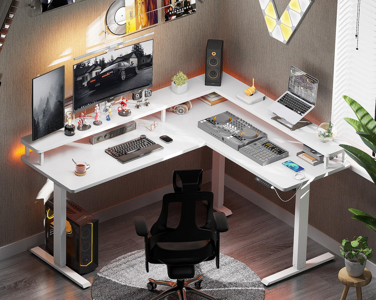 AODK L Shaped Electric Standing Desk, 59" x 48" Stand Up Corner Desk, Home Office Sit Stand Desk with White Top and White Frame, L-Shaped Standing AODK