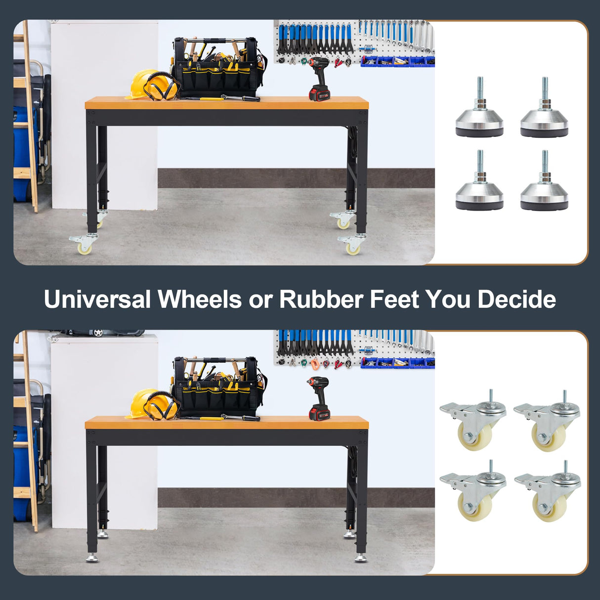 HABUTWAY Height Adjustable Workbench with Wheels 60“ x 22" 2000 Lbs Capacity Oak Board Work Station Heavy-Duty Rolling Work Benches for Garage Party HABUTWAY