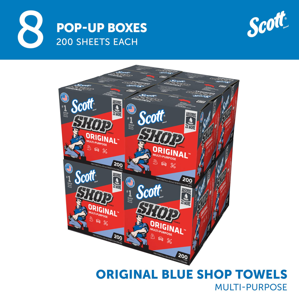 Scott® Shop Towels Original (75190), Blue, Pop-Up Dispenser Box (200 Towels/Box, 8 Boxes/Case, 1,600 Towels/Case) SCOTT SHOP ORIGINAL