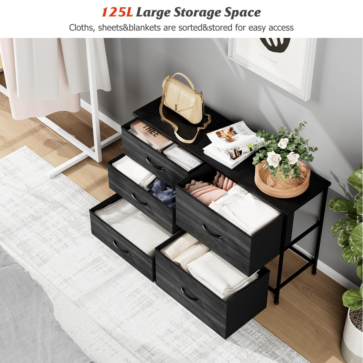 Nicehill Black Dresser for Bedroom with 5 Drawers, Kids Dresser Wood Grain Print, Dressers & Chests of Drawers for Closet, Clothes, Nursery, Bedroom Nicehill