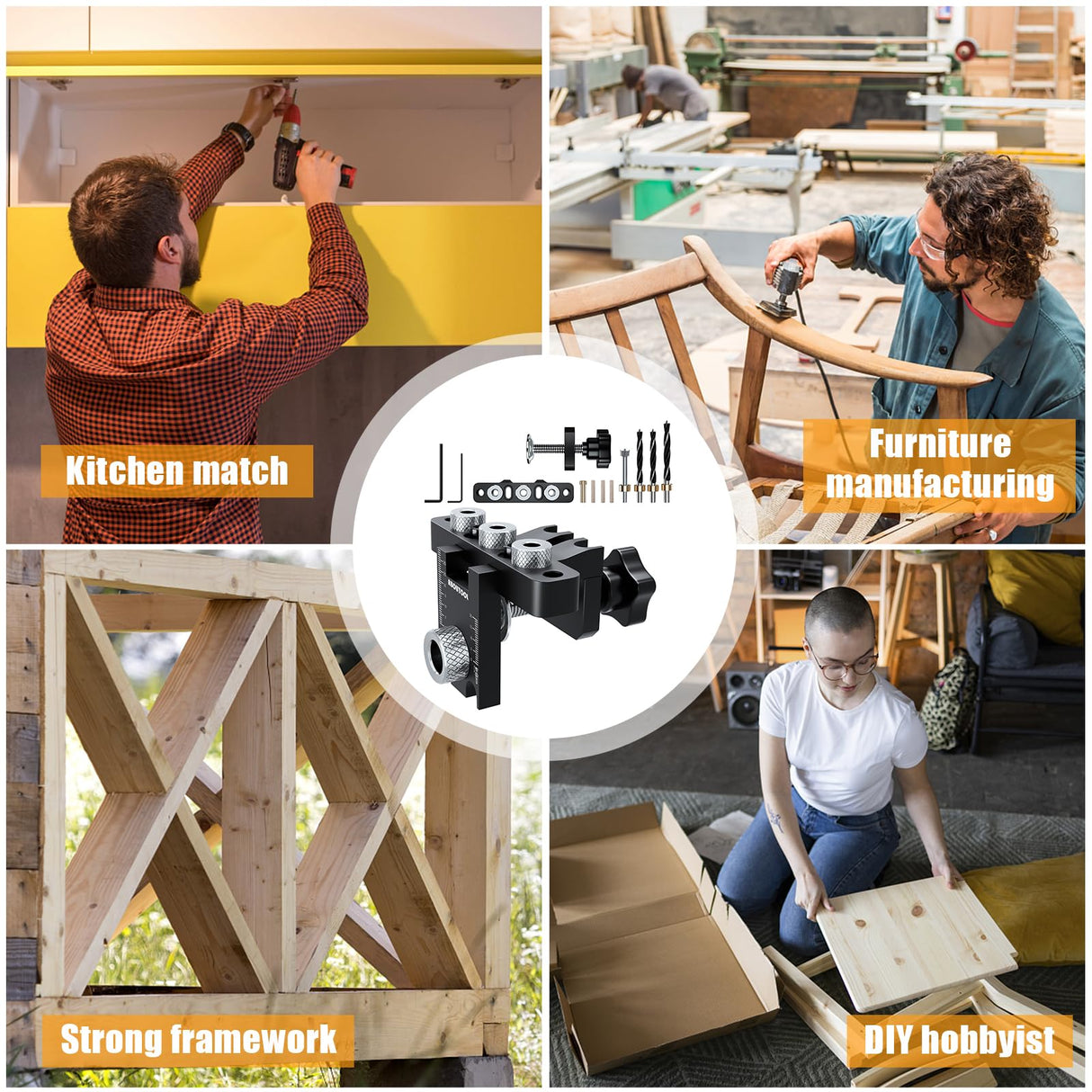 Self Centering Doweling Jig Kit - Dowel Jig Kit for Straight Holes, Adjustable Width Woodworking Joints Tool Drill Guides Locator, 3 Size Drill Bit aboutool