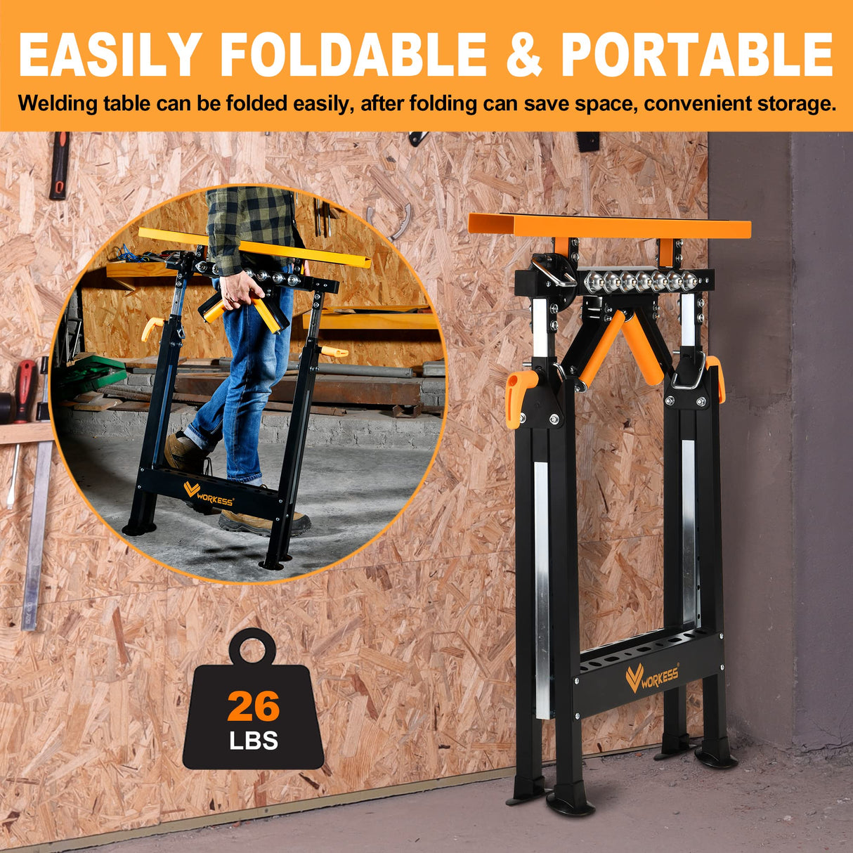 WORKESS 4 in 1 Roller Stand, Stable 440 Lbs Load Capacity with Saw Horses, V-Shaped, Multi-Directional Rollers & Outfeed Roller, Adjustable Height WORKESS