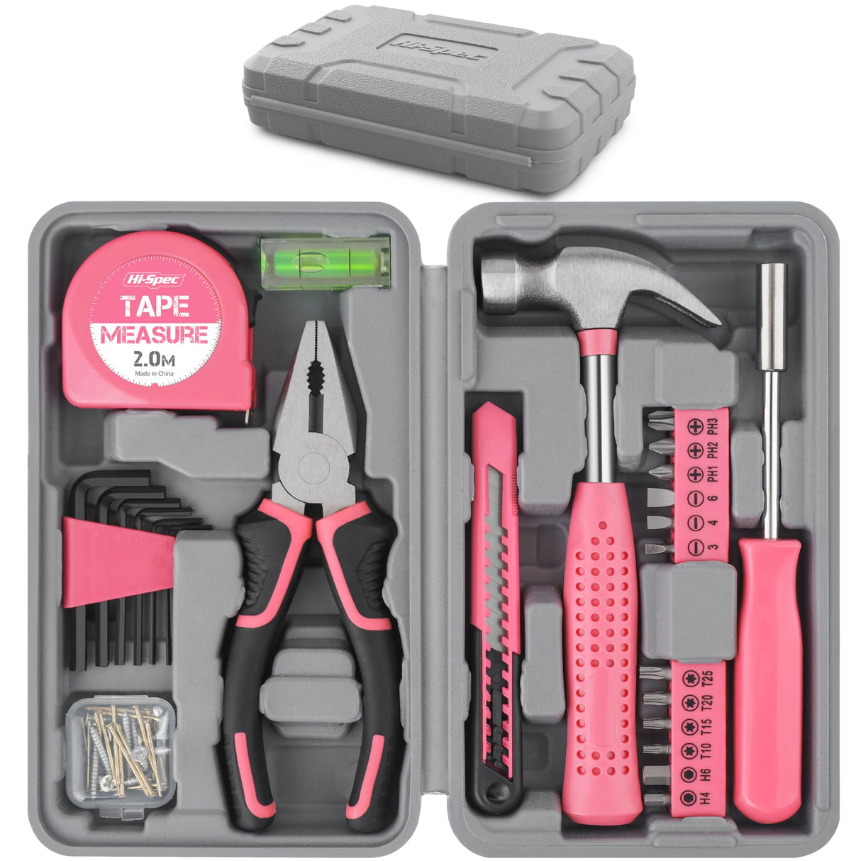 Hi-Spec 25pc Pink Household DIY Tool Kit for Women. Small Mini Tool Box Set of Starter Basic Ladies Tools For Home & Office Hi-Spec