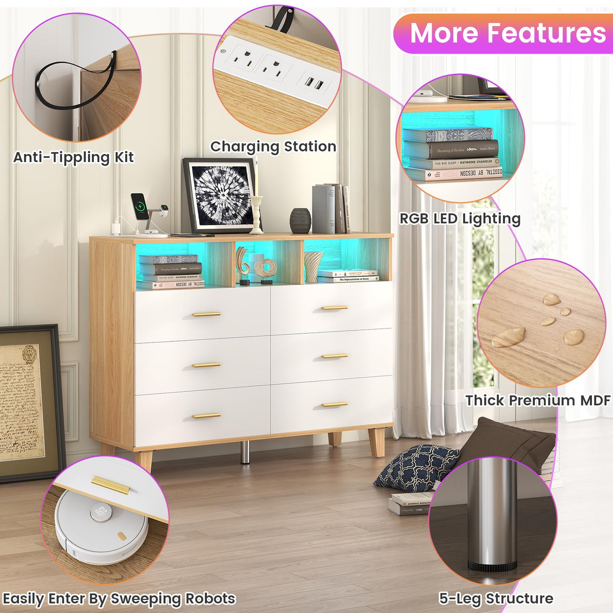 knoworld Dresser for Bedroom,White 6 Drawer Dresser with LED Light and Power Outlet,Tall Wide Dressers Chests of Drawers,Organizer Storage Drawers knoworld