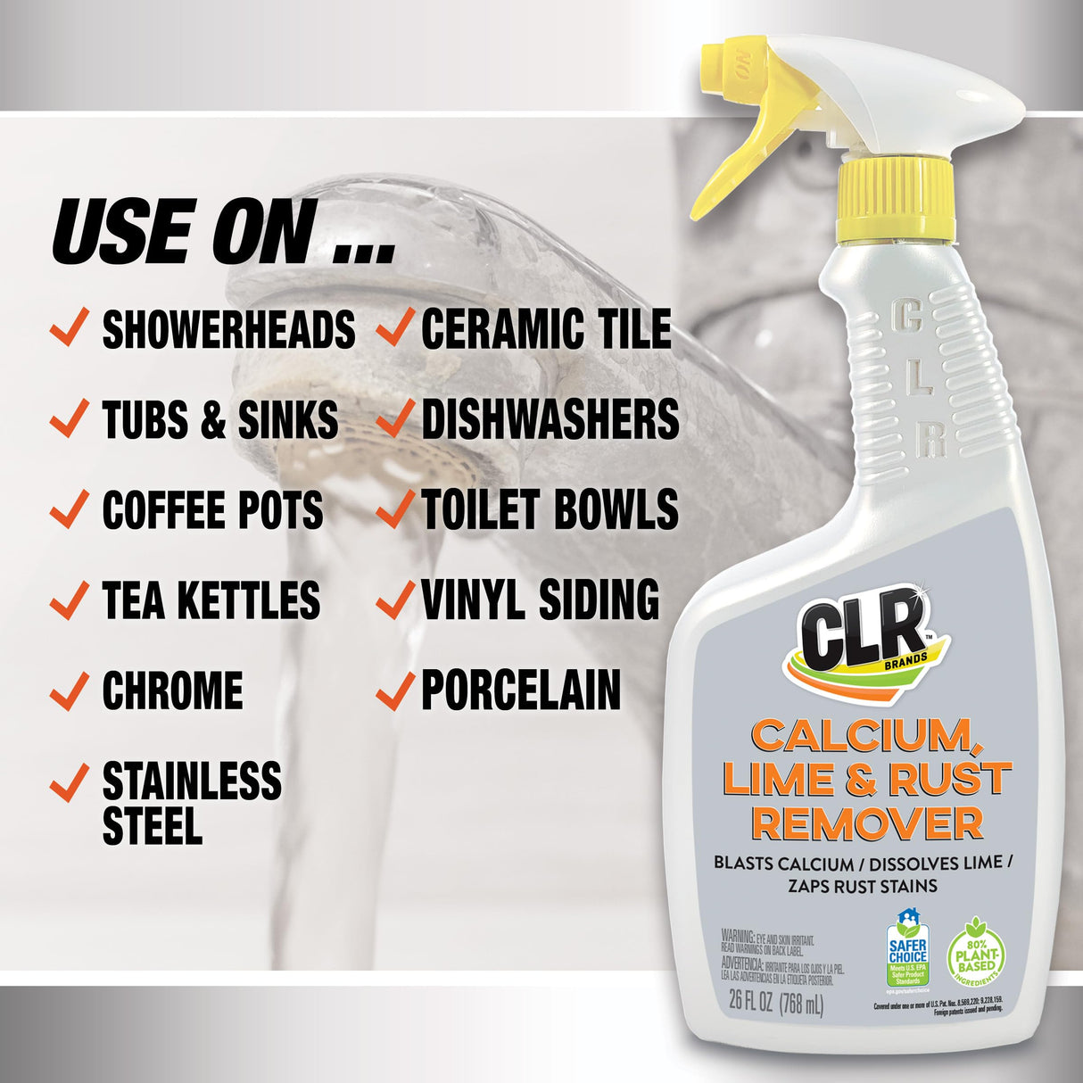CLR Calcium, Lime & Rust Remover, Blasts Calcium, Dissolves Lime Deposits, Zaps Stubborn Rust Stains and Hard Water Deposits, 26 Ounce Spray Bottle CLR