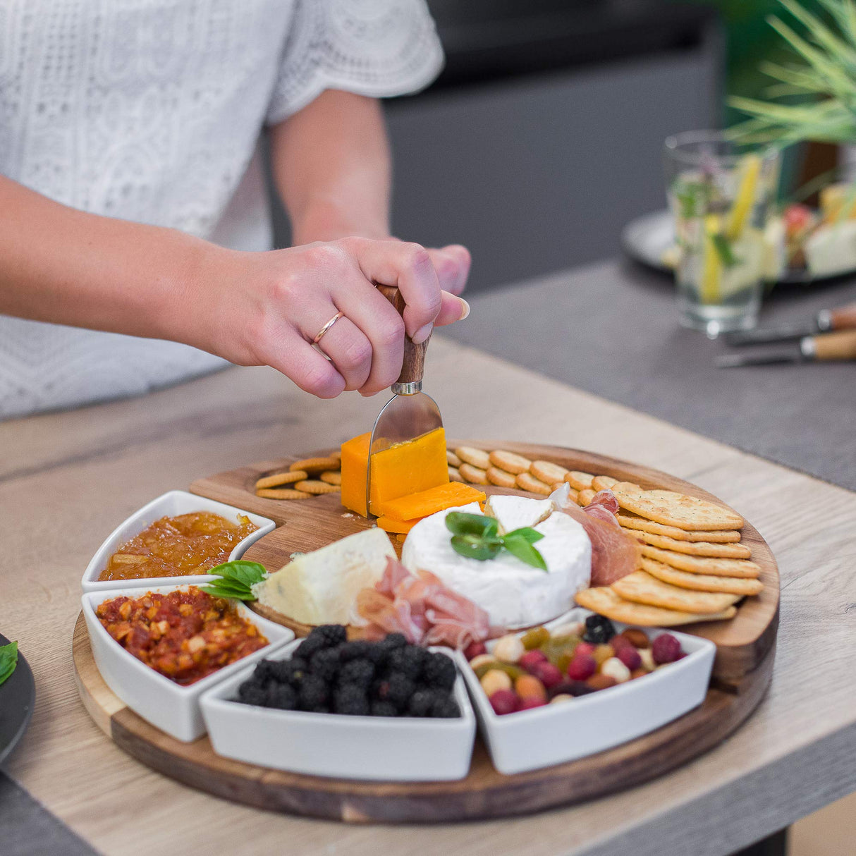 Charcuterie Cheese Board and Platter Set - Made from Acacia Wood - US Patented 13 inch Cheese Cutting Board and Knife for Entertaining and Serving - ChefSofi