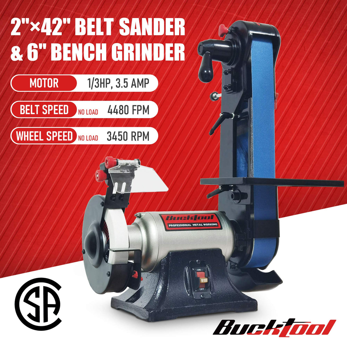 Bucktool Combo 2" x 42" Belt Sander 6" Bench Grinder, Knife Sharpener with Large Work Table BG2600 Upgraded Model Bucktool