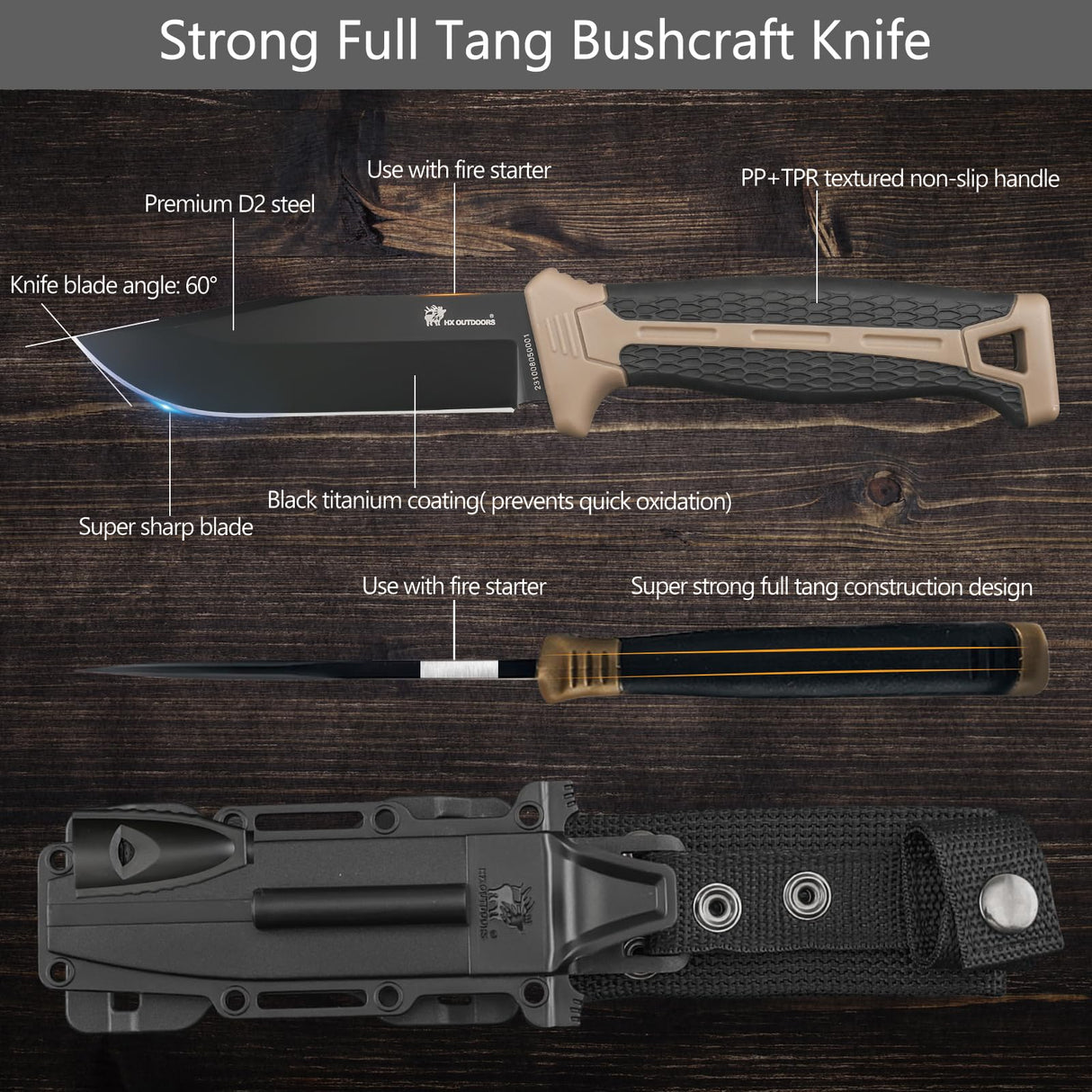 HX OUTDOORS Extra Sharp Bushcraft Knife with Fire Starter, Premium D2 Steel Fixed Blade Survival Camping Knife with Plastic Sheath for Outdoor, HX HX OUTDOORS