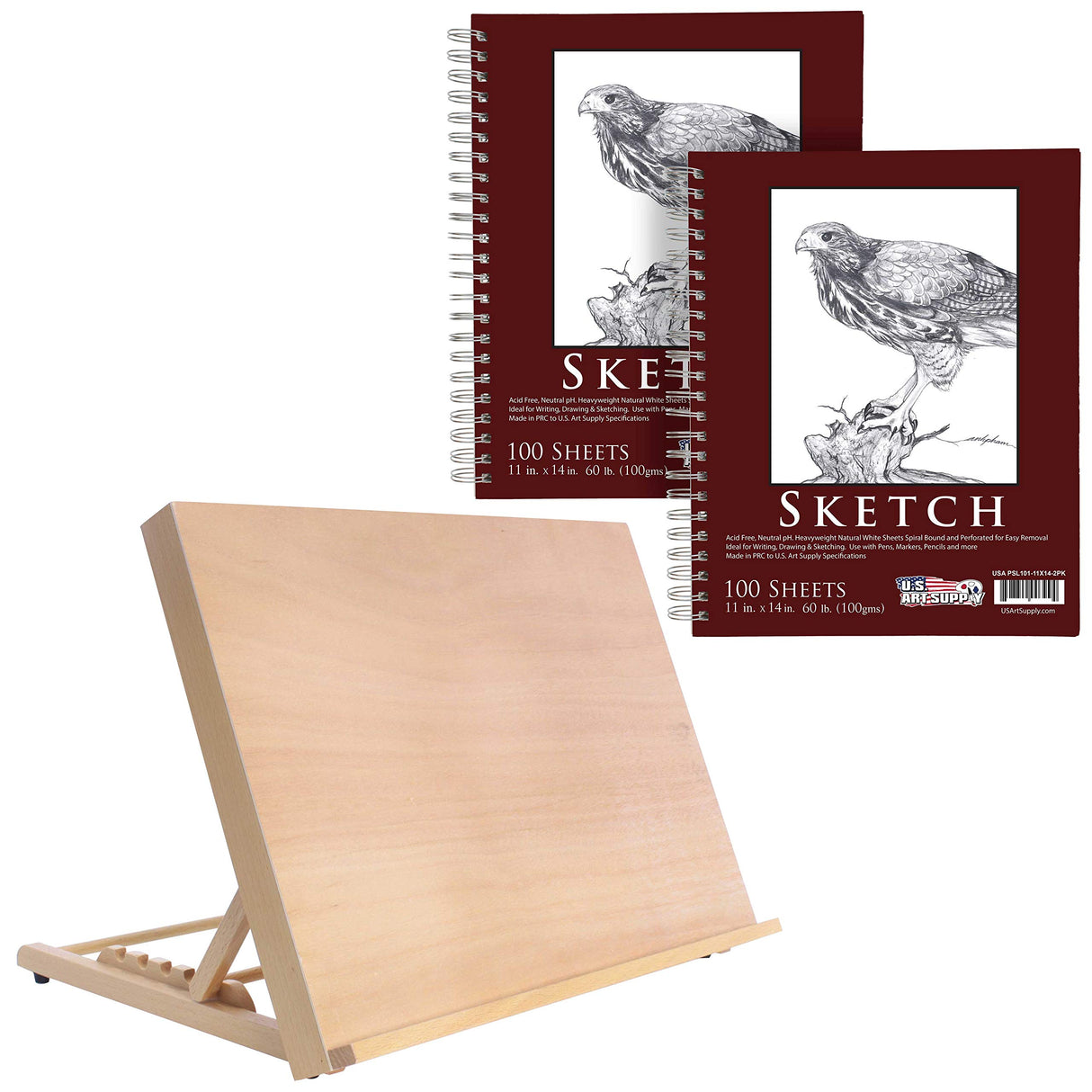 U.S. Art Supply Large 18-1/2" Wide x 14-1/8" (A3) Tall Artist Adjustable Wood Drawing Board Bundle with 11" x 14" Side Spiral Bound - 60lb Sketch U.S. Art Supply