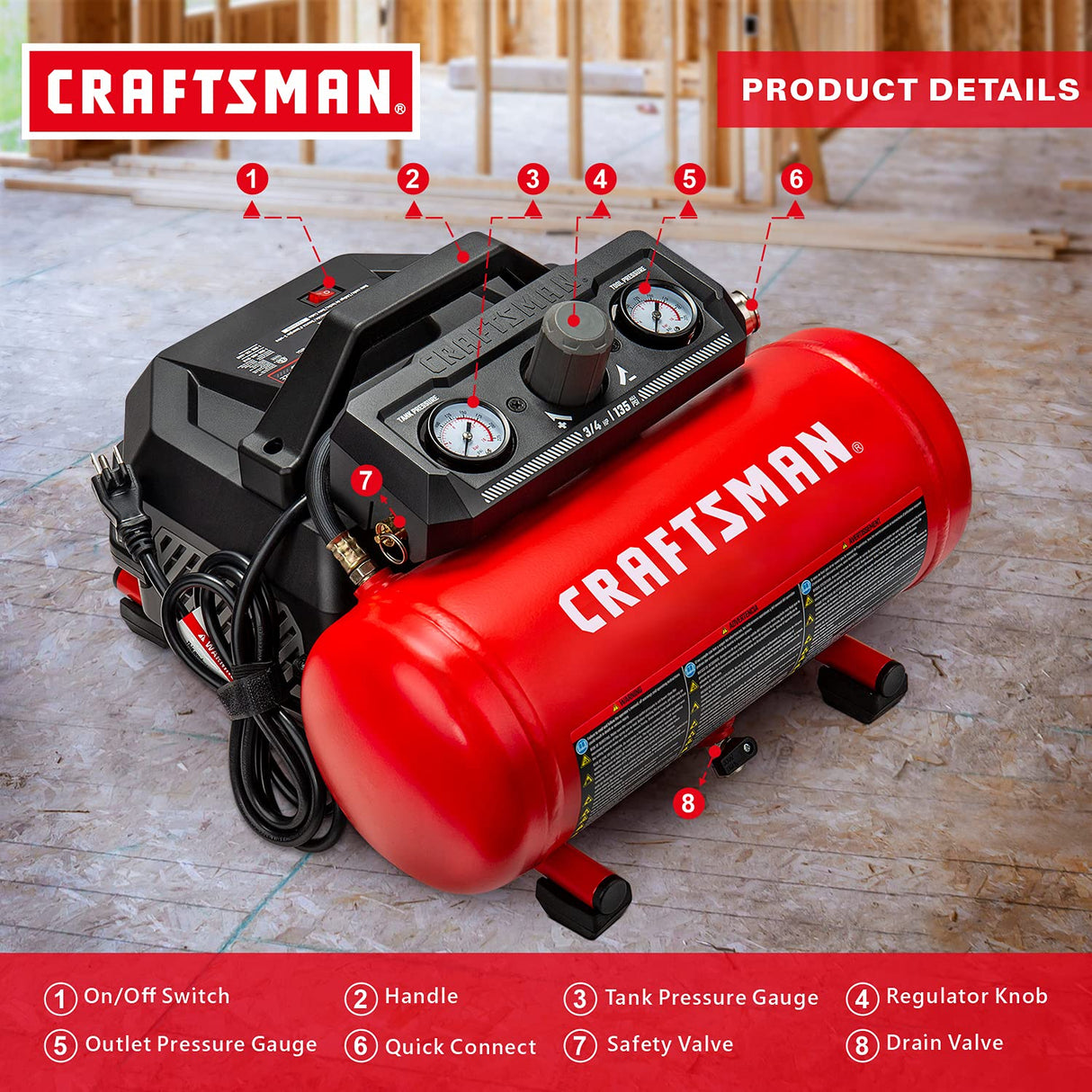 Craftsman Air Compressor, 1.5 Gallon 3/4 HP Max 135 PSI Pressure, 1.5 CFM@90psi and 2.2 CFM@40psi, Stainless Steel Portable Oil Free Maintenance Free Craftsman