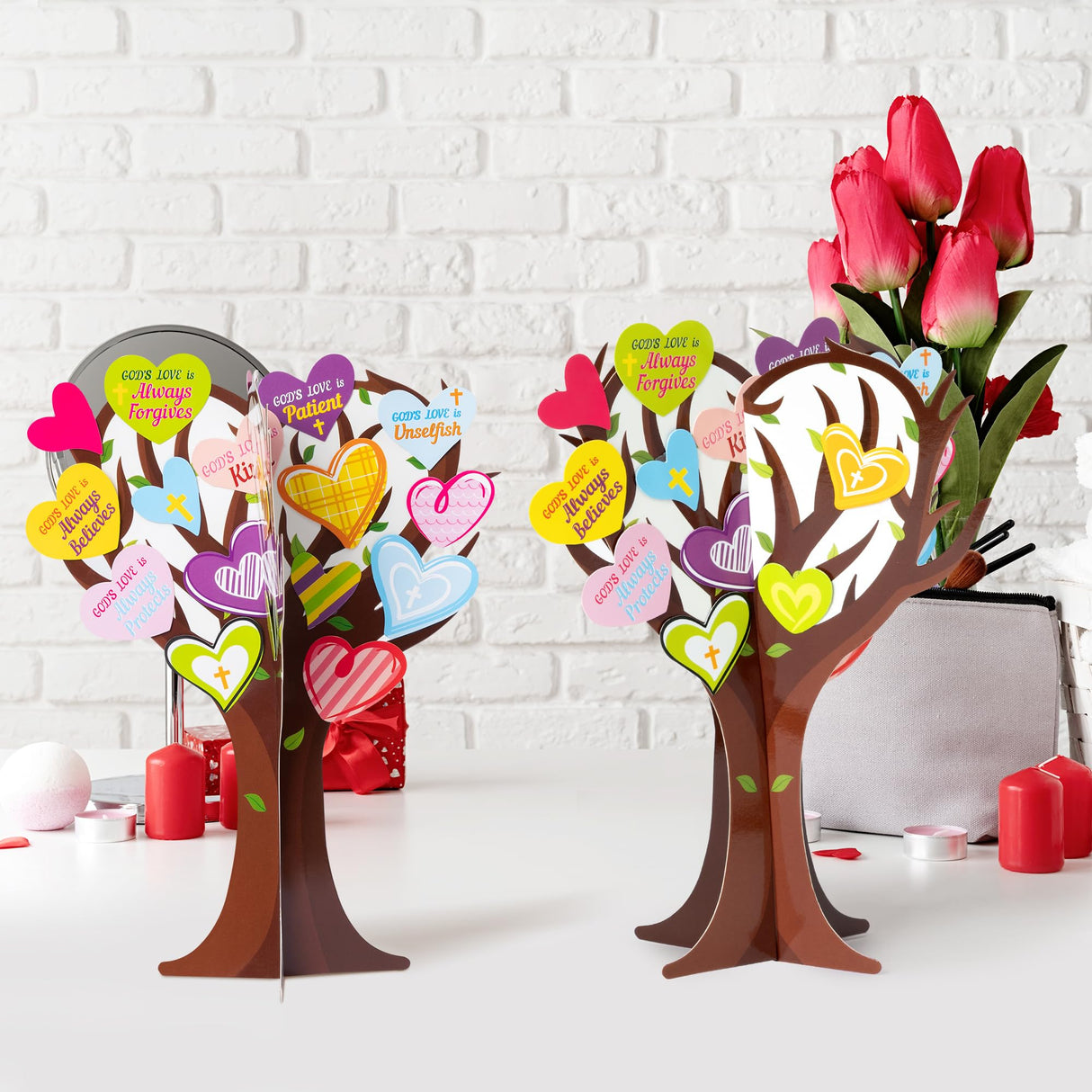 WATINC 16Pcs Valentine’s Day Christian Heart Trees Craft Kits, Make Your Own God’s Love Valentine Trees Decorations, DIY Easter Jesus Faith Trust WATINC