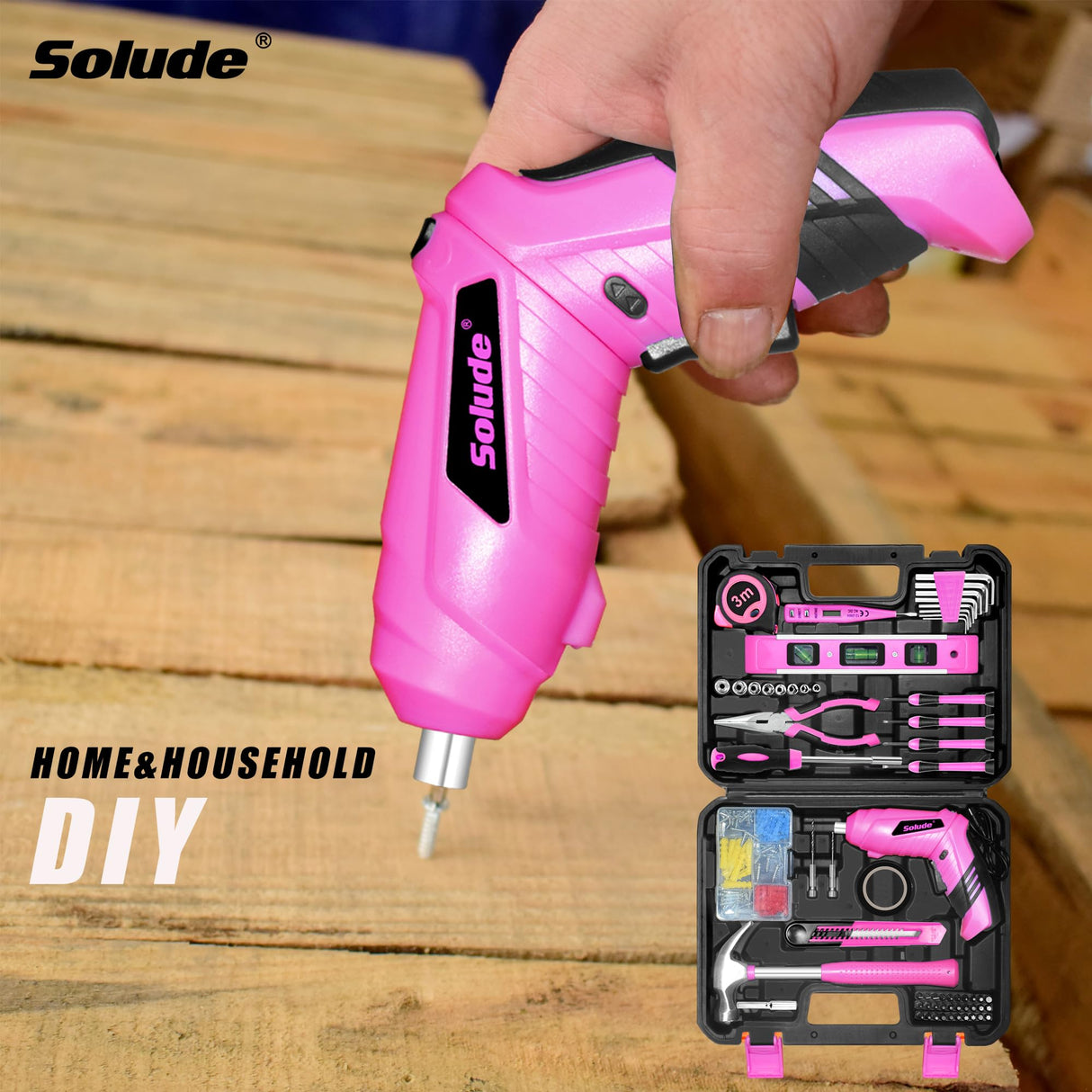 SOLUDE Pink Tool Set,130 Piece Women's Tool Kit for Home with 3.6V Cordless Rechargeable Screwdriver,Household Basic Toolkits for New SOLUDE