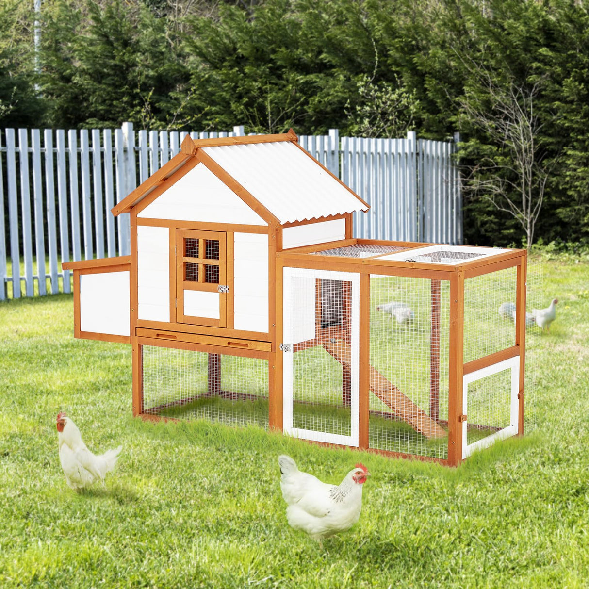 PioneerWorks Outdoor Chicken Coop Wooden Hen House with Run, Poultry Cage w/Ramps, Nesting Box, 5 Access Areas, Wire Fence, Removable Bottom for Easy PioneerWorks