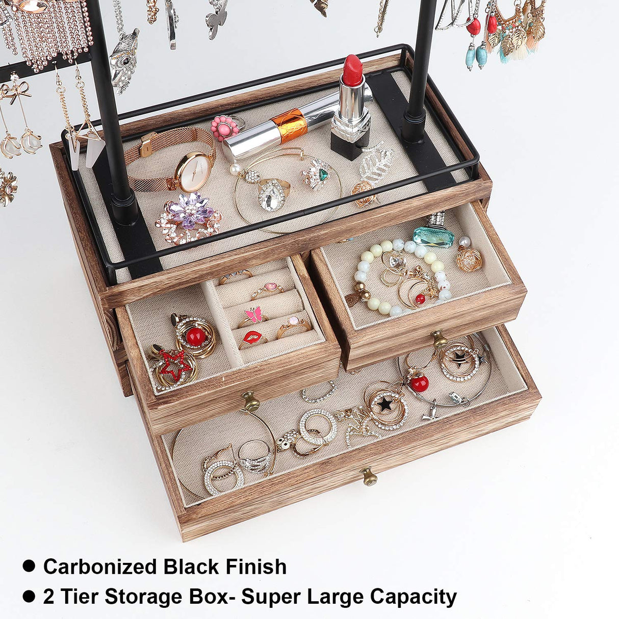 Jewelry Organizer - 2 Layer Wooden Jewelry Drawer Storage Box with 6 Tier Jewelry Tree Stand, Jewelry Display for Necklaces Bracelet Earring Ring Olakee