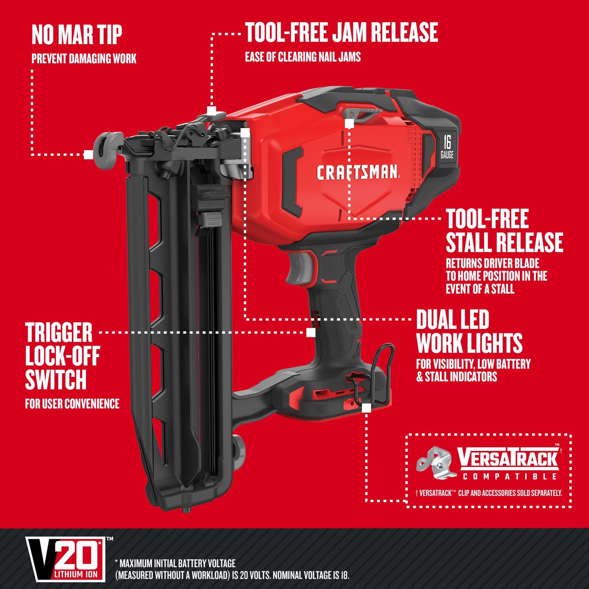 CRAFTSMAN V20 Cordless Finish Nailer, 16 Gauge, Bare Tool Only (CMCN616B) Craftsman