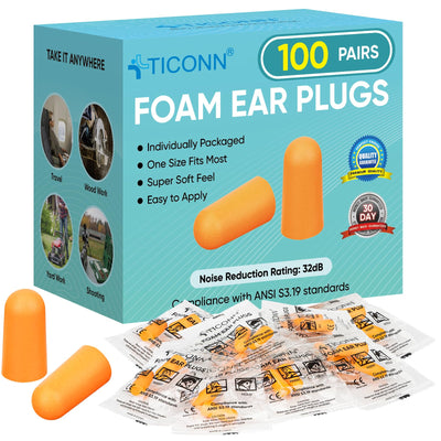 TICONN 100 Pairs Foam Ear Plugs for Sleeping Noise Cancelling, 32dB NRR Earplugs for Hearing Protection Travel Study Construction (100 Pairs)