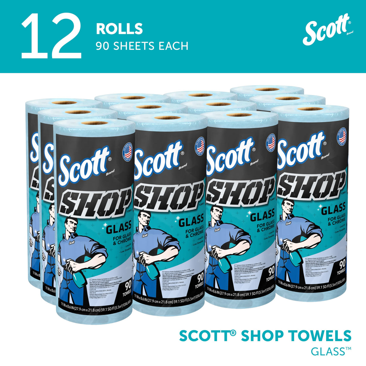 Scott 32896 Shop Towels, Glass, 1-Ply, 8.6-Inch x 11-Inch, Blue, 90 Sheets/Roll, 12 Rolls/Carton SCOTT SHOP ORIGINAL
