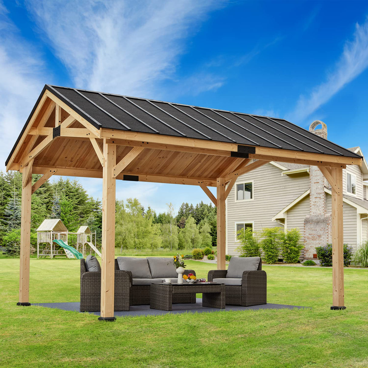 MELLCOM 12' x15' Wood Gazebo, Spruce Solid Wood Hardtop Pavilion, Waterproof Asphalt Roof, for Patio, Lawn, Garden, Easy Installation MELLCOM