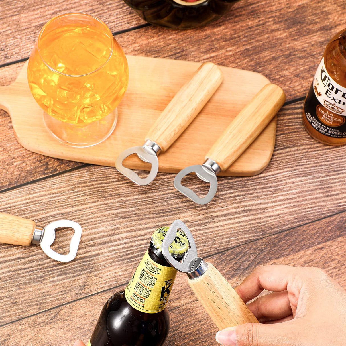 50 Pcs Wood Wine Bottle Opener Stainless Steel Bottle Opener Wood Handheld Heavy Duty Bartender Bottle Openers Cider Bottle Opener Engraved Gift Set Lounsweer