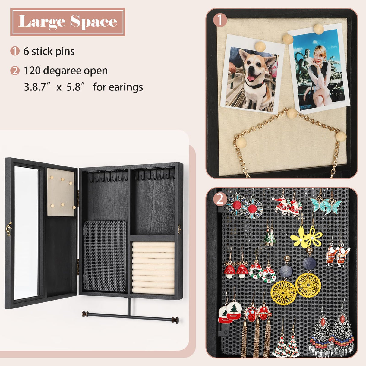 Keebofly Wall Mounted Jewelry Organizer With Rustic Wood Large Space Jewelry Cabinet, Holder, Storage Box for Necklaces, Earrings, Bracelets, Ring Keebofly