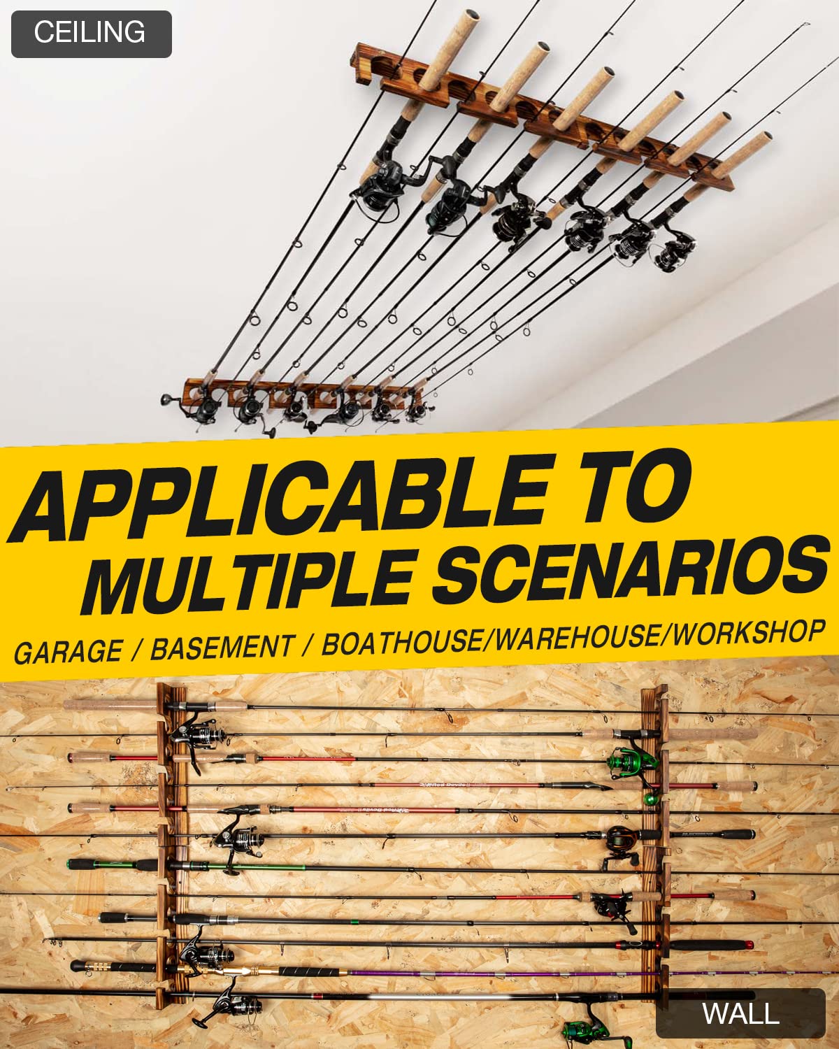 Ghosthorn Holds Up to 12 Rods Fishing Pole Rod Racks Wall or Ceiling Mounted Fishing Pole Rod Holders for Garage Storage Organizer Fishing Gear Ghosthorn
