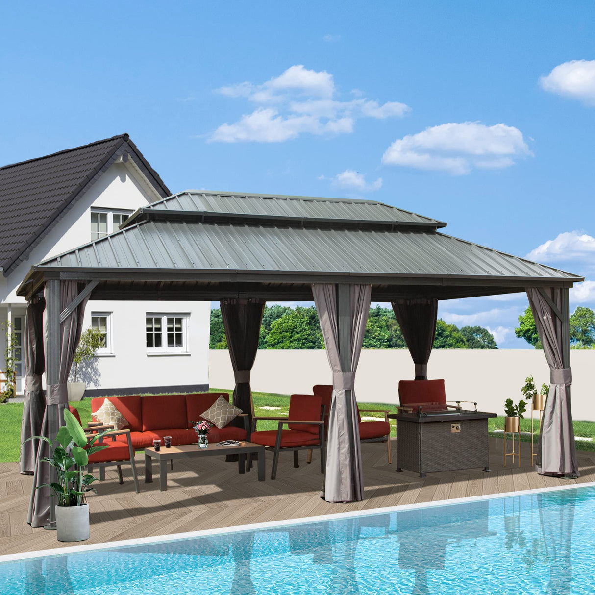 Domi 12’ x 20’ Hardtop Gazebo Canopy Outdoor Aluminum Gazebo, Galvanized Steel Double Roof with Curtains and Netting for Deck, Backyard, Patio, domi outdoor living