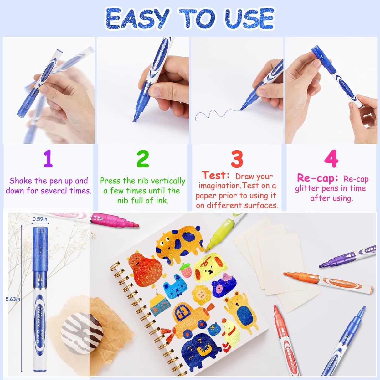 TEVILIK Glitter Markers Pen, 12 Acrylic Glitter Markers Paint Pens - Shimmer Marker, Fine Point Water-Based Pen For DIY Crafts, Birthday Cards, TEVILIK