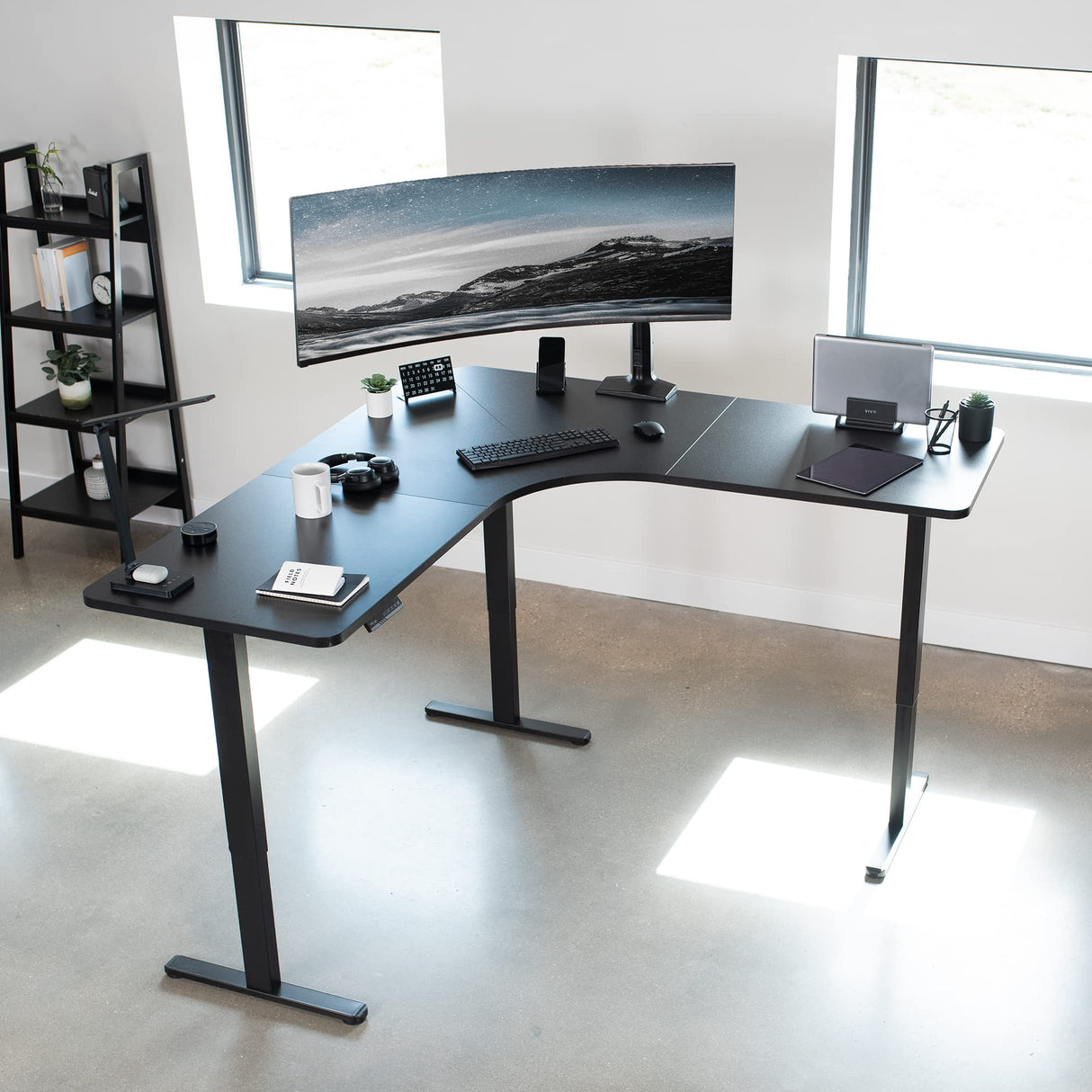 VIVO Electric Height Adjustable 71 x 71 inch Curved Corner Stand Up Desk, Black Table Top, Black Frame, Memory Controller, L-Shaped Workstation, E3C VIVO