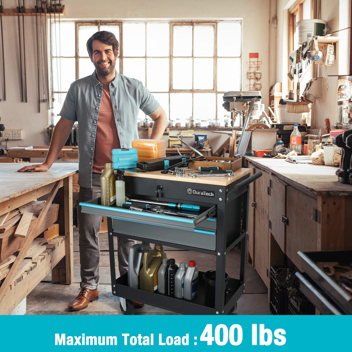 DURATECH 30-1/2 in 3-Drawer Rolling Tool Cart with Wood Top, Heavy Duty Storage Organizer Cabinet, Utility Industrial Service Cart with Casters and DURATECH