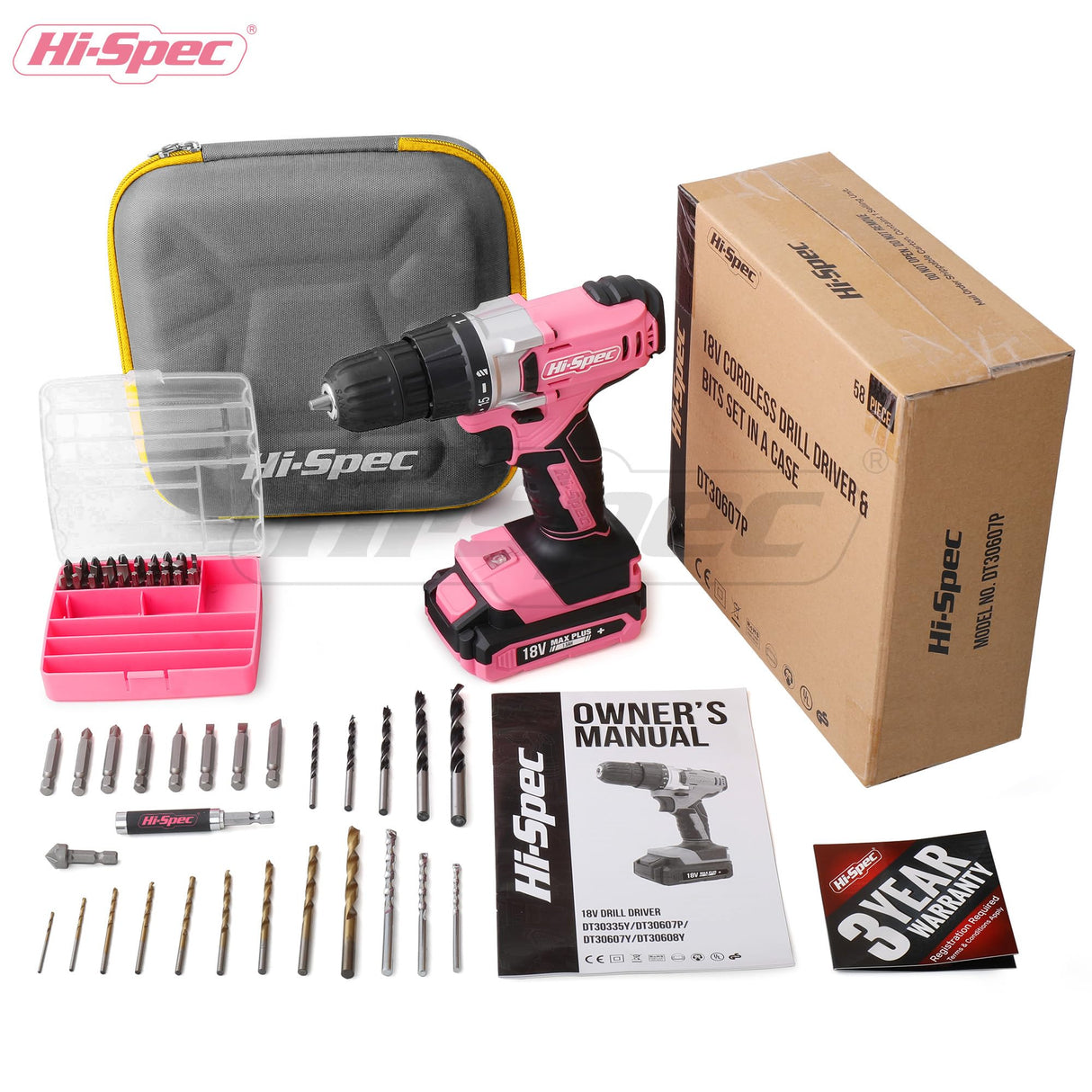Hi-Spec 58pc Pink 18V Cordless Power Drill Driver, Bit Set & Case. Complete Home & Garage DIY Tool Hi-Spec