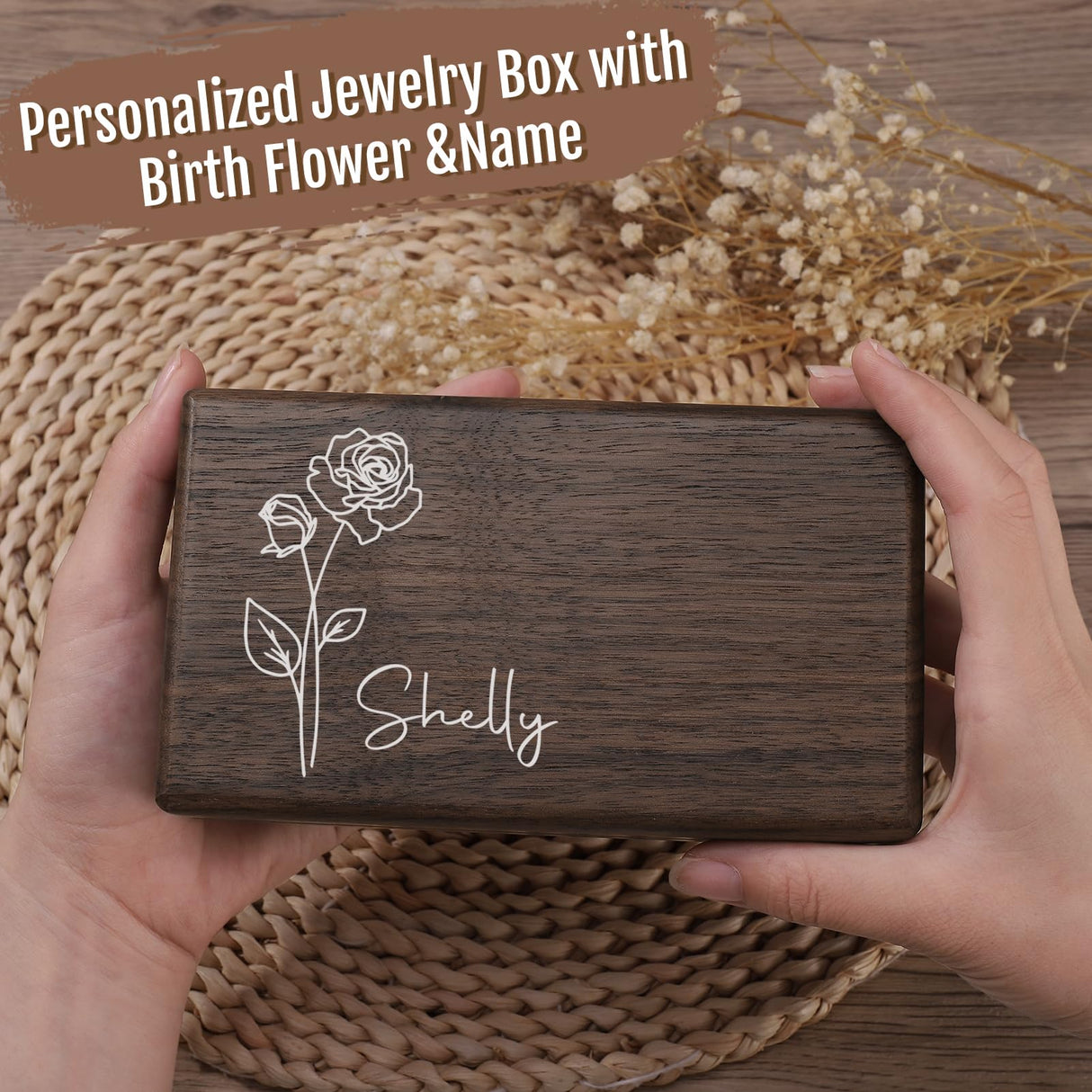 Zhamate Personalized Gifts for Women Girls-Custom Jewelry Box Wooden with Birth Flower Name, Birthday Gifts, Wedding Gift for Bridesmaids, Mom Gifts Zhamate