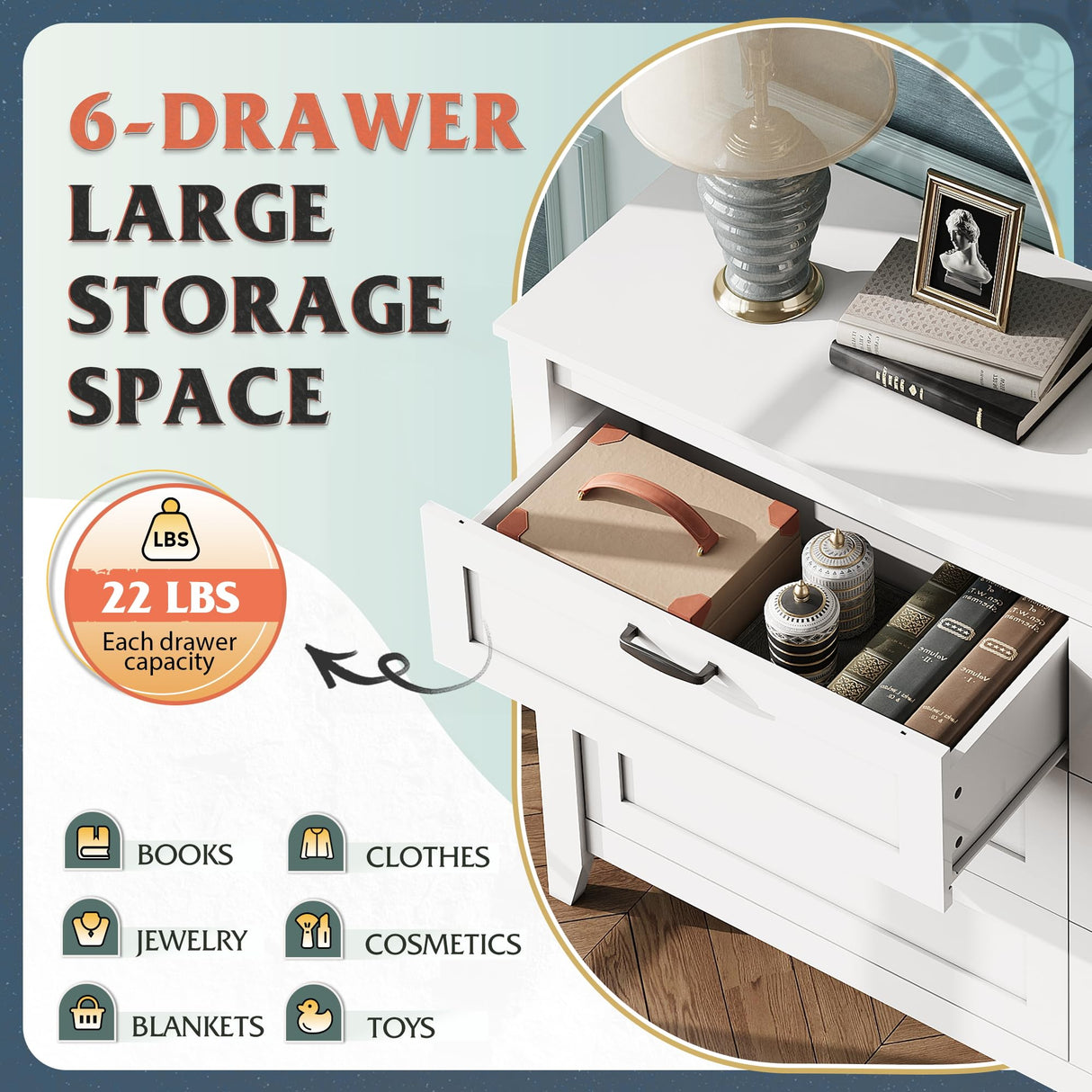 WLIVE 6 Drawer Dresser, Retro Chest of Drawers with Metal Handle, Double Wood Dresser for Bedroom, Living Room, Large Storage Cabinet, White WLIVE