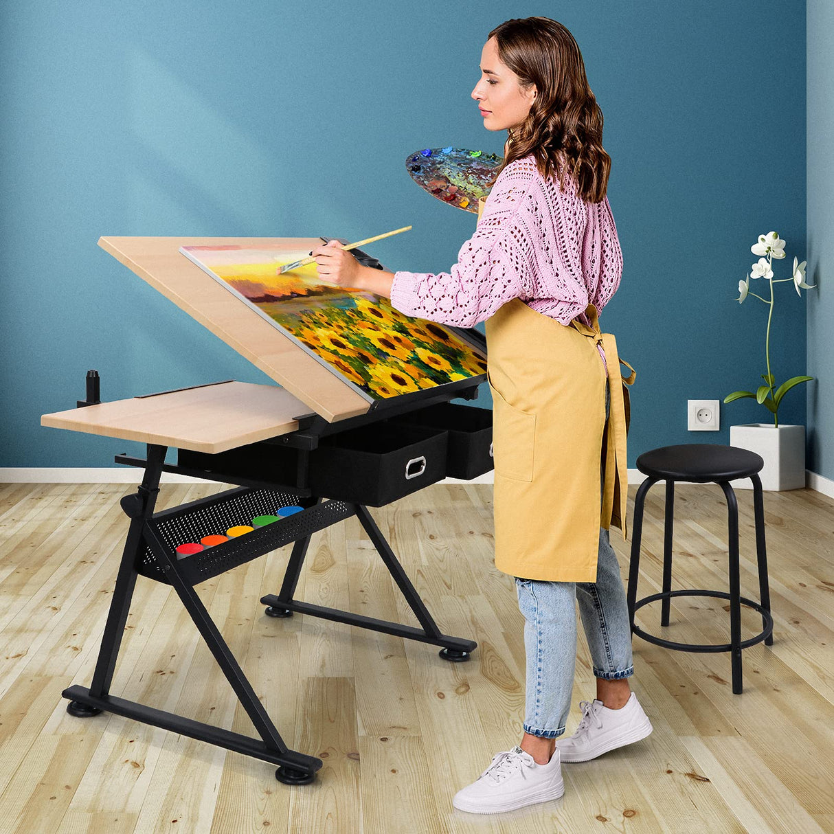 ZENY Drafting Table Art Desk Drawing Table Height Adjustable Artist Table Tilted Tabletop w/Drafting Stool and Storage Drawer for Reading, Writing, ZENY