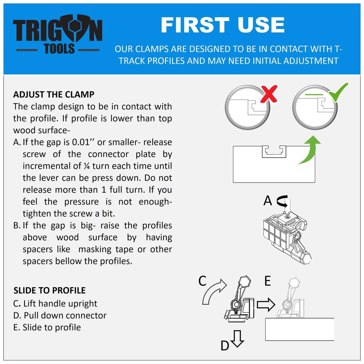 T-Track Clamps for woodworking, T Track accessories, for T-Track Profile (3/4’’ * 3/8’’) | Stop Blocks | Inline Auto Adjust Quick Release Woodworking Trigon-Tools